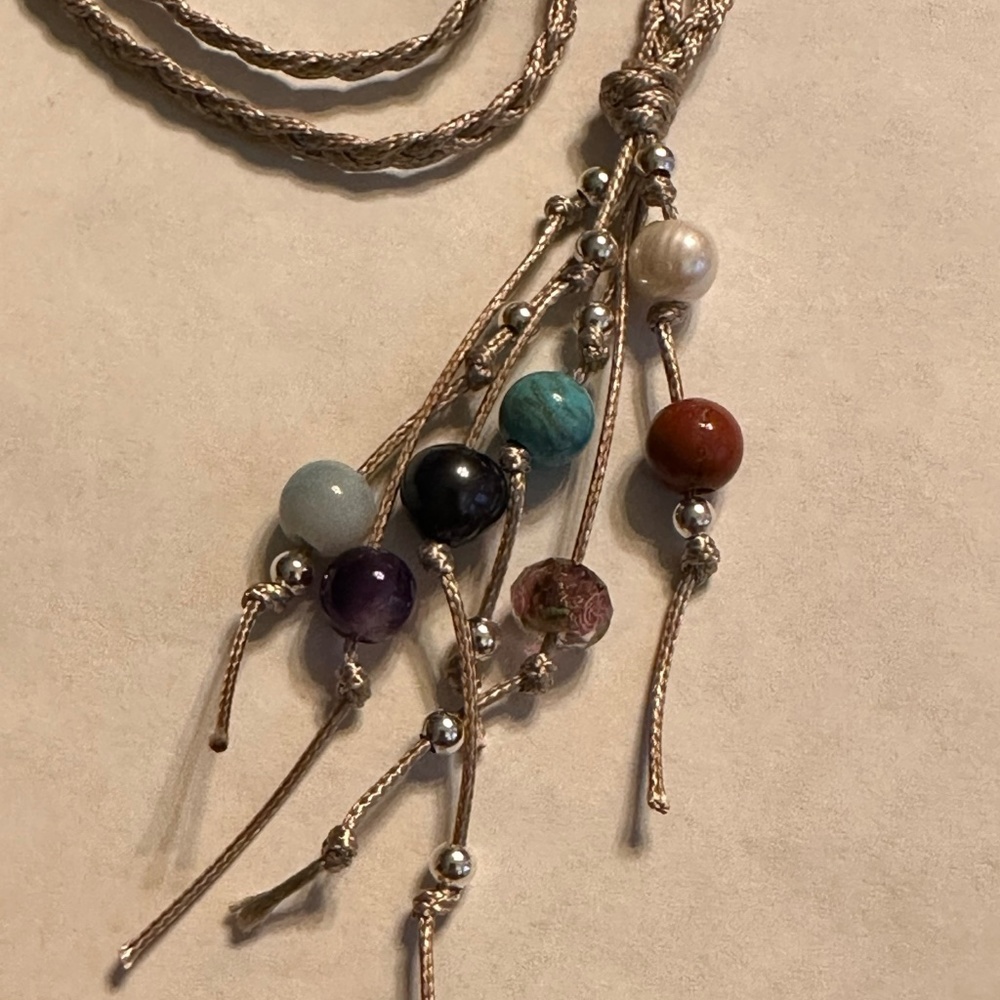 ARTISAN Gemstones and Pearls Braided Tan Cord Tassel Necklace 23 1/2” long - Picture 8 of 14